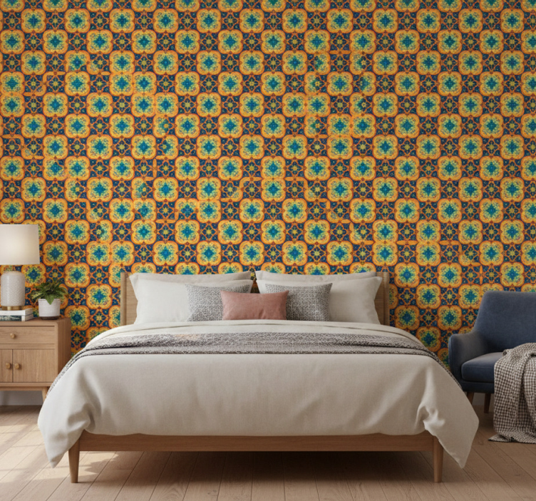 Tapete textur gelb und blau orientalisches boho-muster - TenStickers