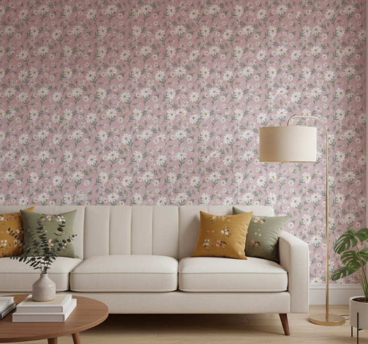 Tapete wohnzimmer 70er jahre gänseblümchen rosa - TenStickers