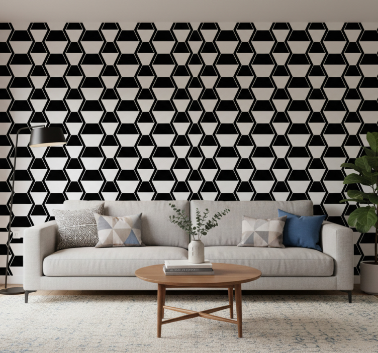 Tapete wohnzimmer im kosmopolitischen stil schwarz weiß sechsecke - TenStickers