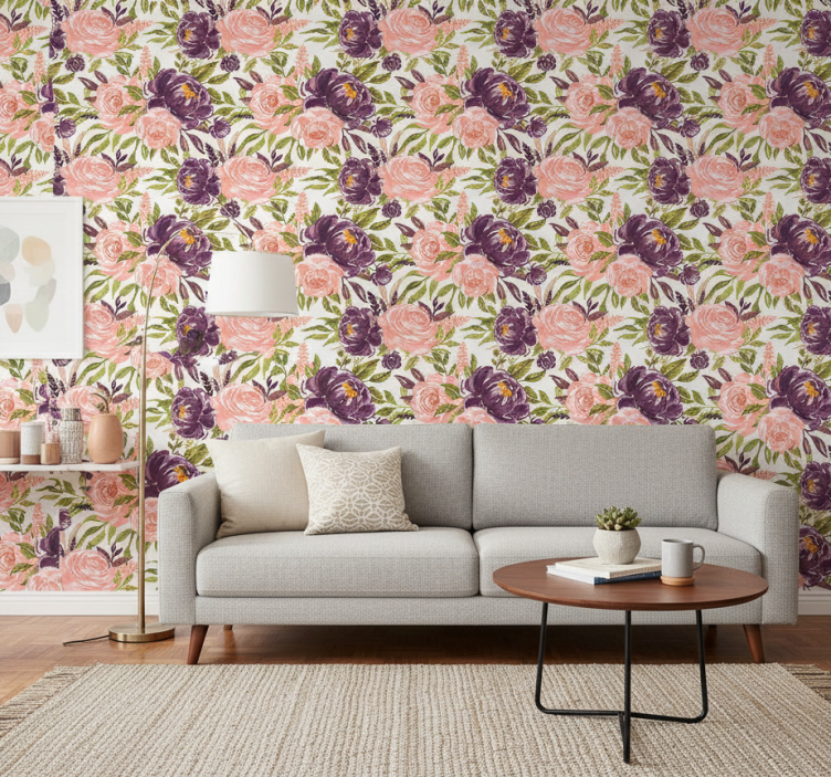 Tapete wohnzimmer mit charmanten aquarellblüten - TenStickers
