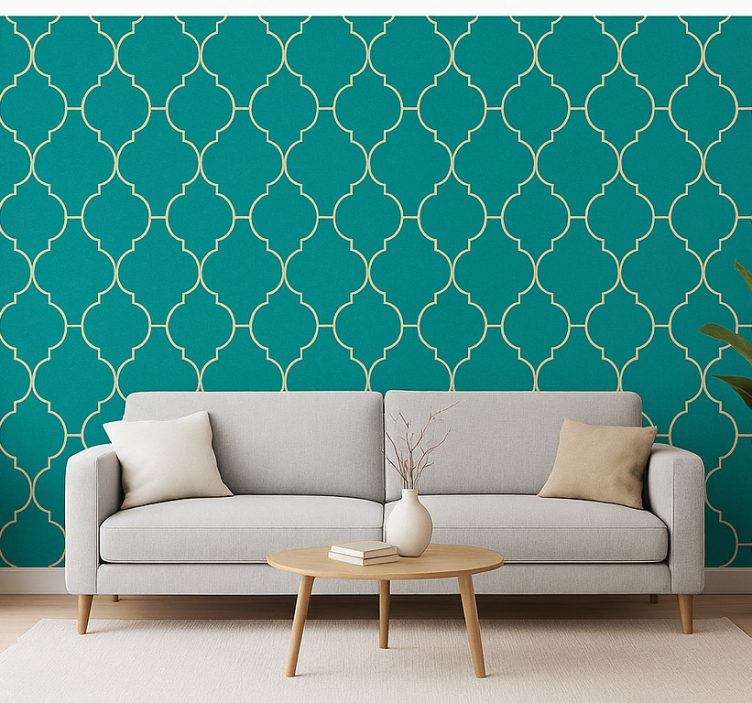 Tapete wohnzimmer mit gold und türkis motiv - TenStickers