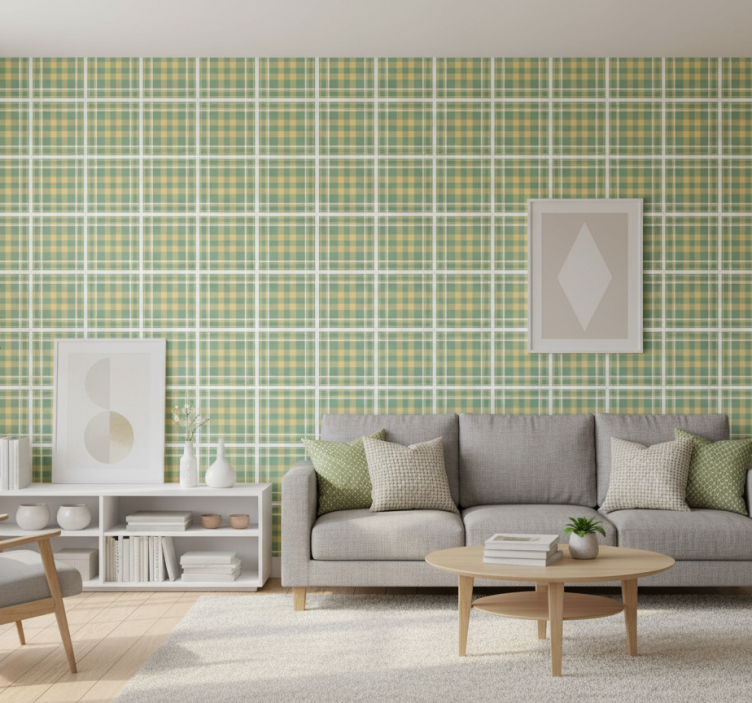 Tapete wohnzimmer mit karriertem textilmuster - TenStickers