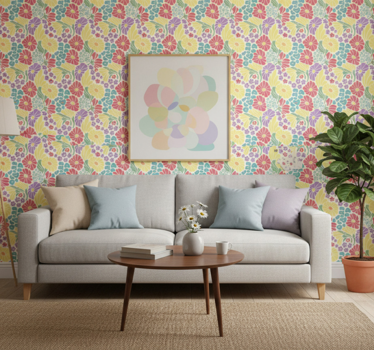 Tapete wohnzimmer mit pastellfarbenen blumen - TenStickers