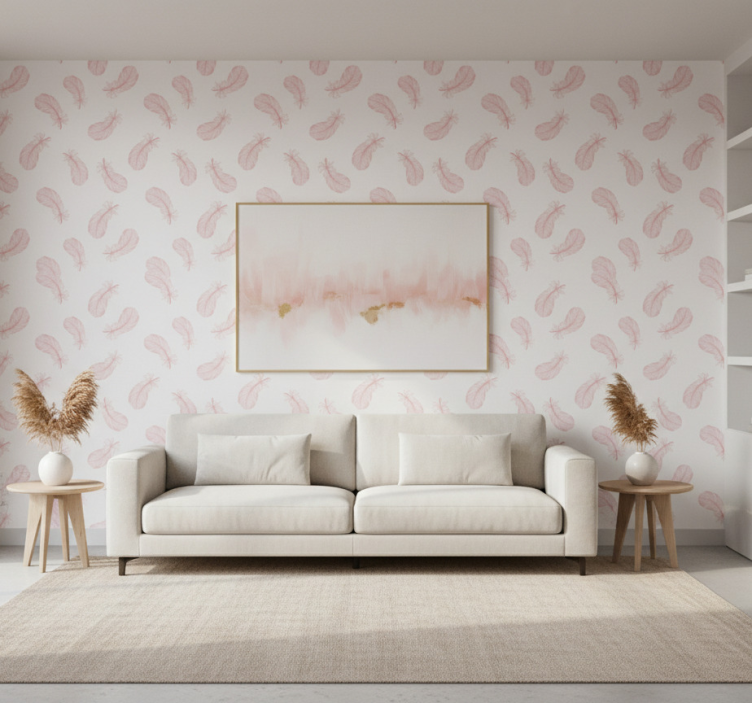 Tapete wohnzimmer mit pinkem federdesign - TenStickers