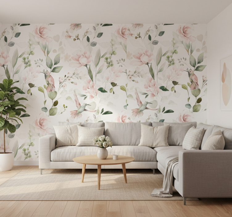Tapete wohnzimmer mit sanften pastellvögeln - TenStickers