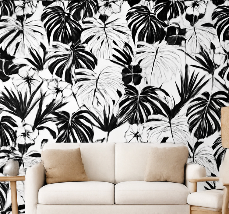 Tapete wohnzimmer mit schwarz-weiß-palmenblättern - TenStickers