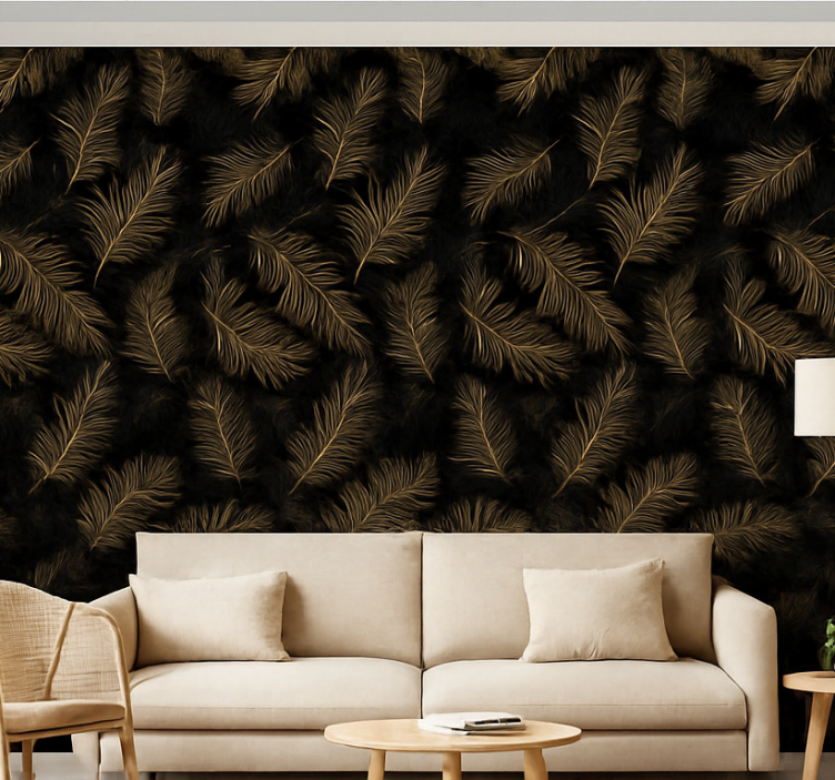 Tapete wohnzimmer schwarz mit goldenen blättern - TenStickers