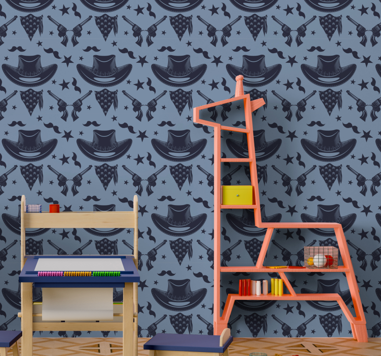 Tapete blau Cowboy, Herde und Revolver - TenStickers