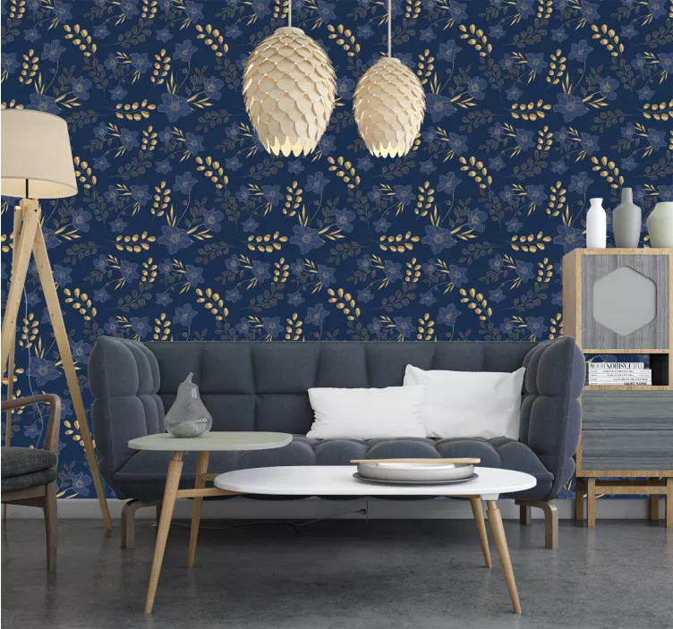 Tapete Wohnzimmer dunkelblau goldenes Blumenmuster - TenStickers