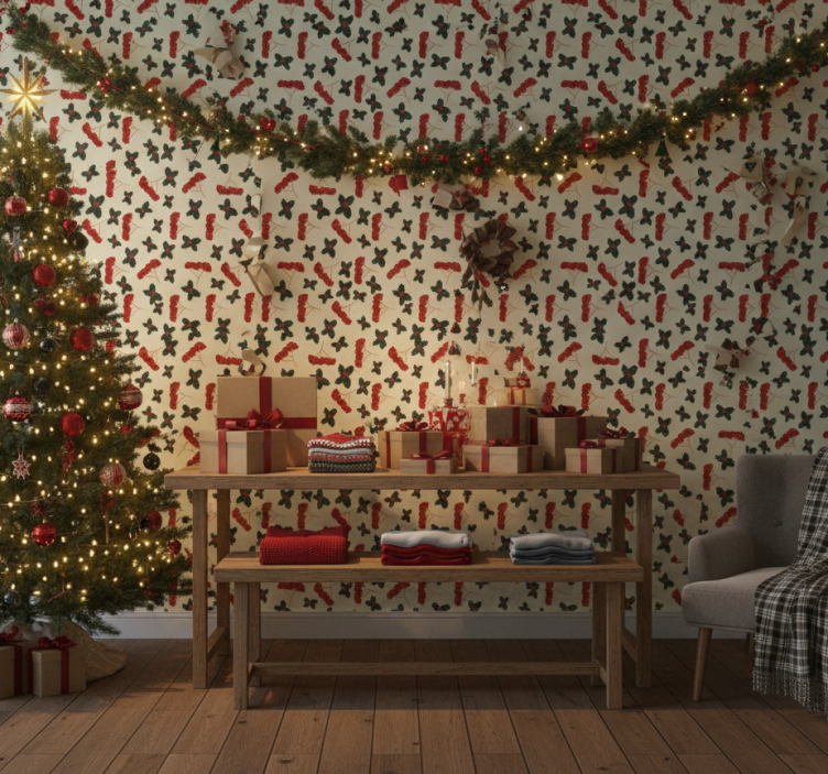 Weihnachtstapete mit handgezeichnetem beerenmuster - TenStickers
