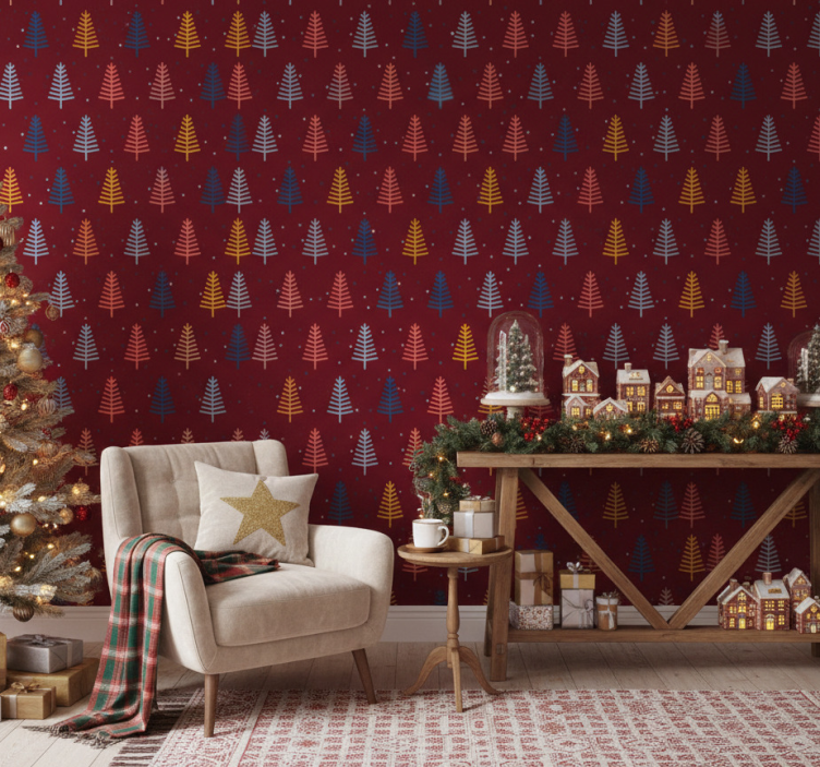 Weihnachtstapete mit rotem baum-muster - TenStickers