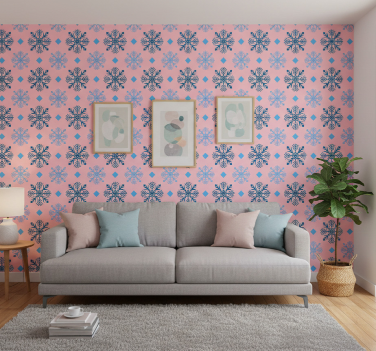 Weihnachtstapete mit pinkem und blauem schneeflockenmuster - TenStickers