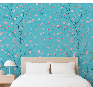 Blumentapete in türkis mit kirschblüten - TenStickers