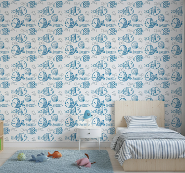 Tapete kinderzimmer blaue fische auf weißem hintergrund - TenStickers