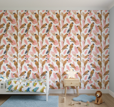 Tapete kinderzimmer orange papageien mit rosa blumen - TenStickers