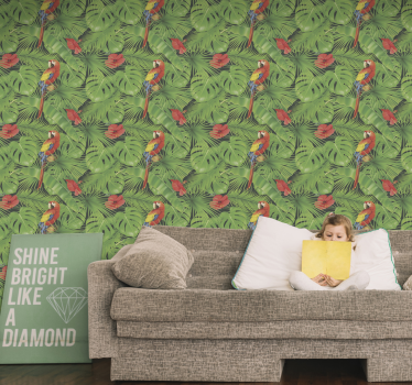 Tier Wandtapete Bunte papageien auf grünen blättern - TenStickers
